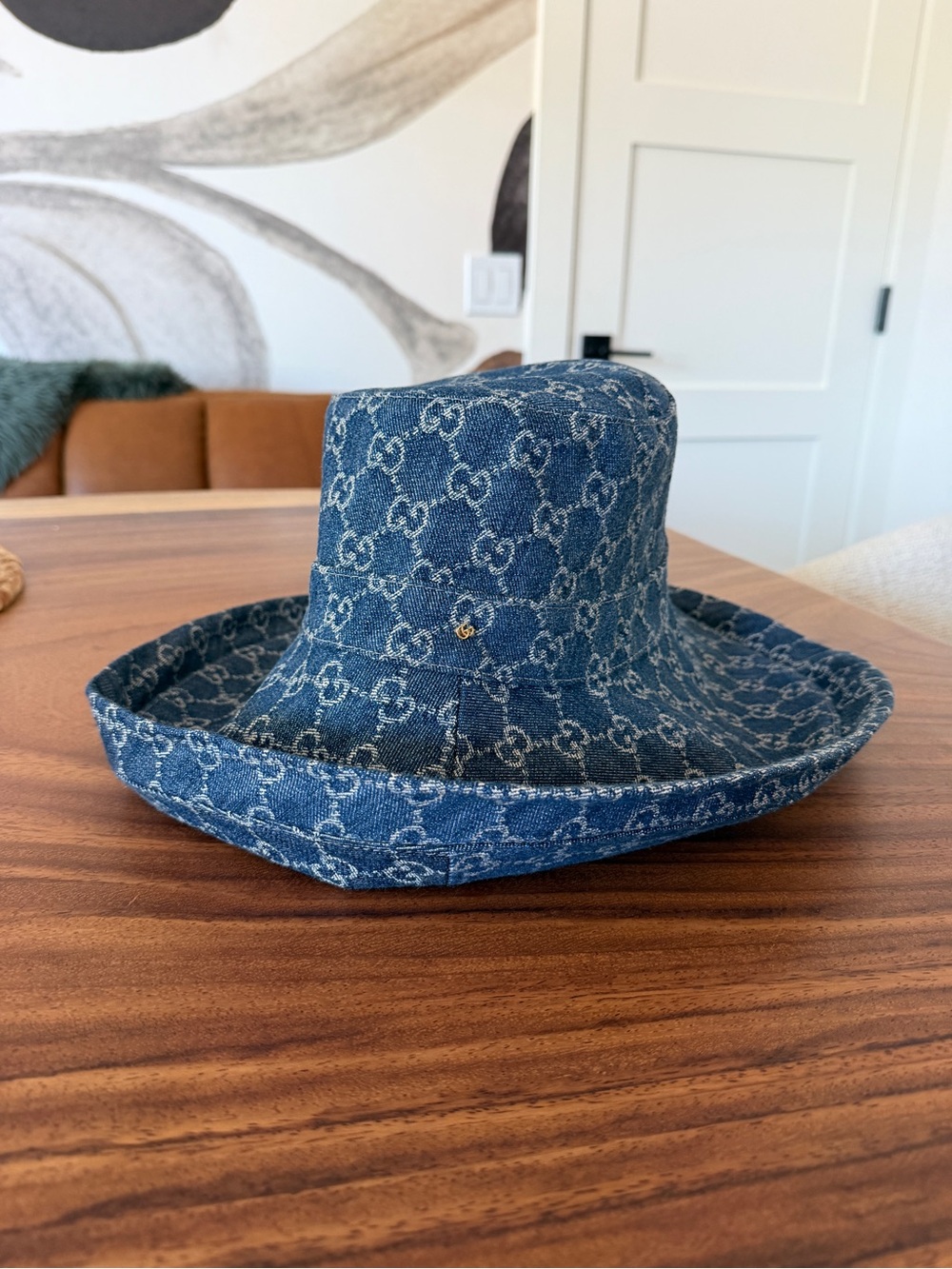 Gucci Blue Denim GG Monogram wide brim Bucket Hat